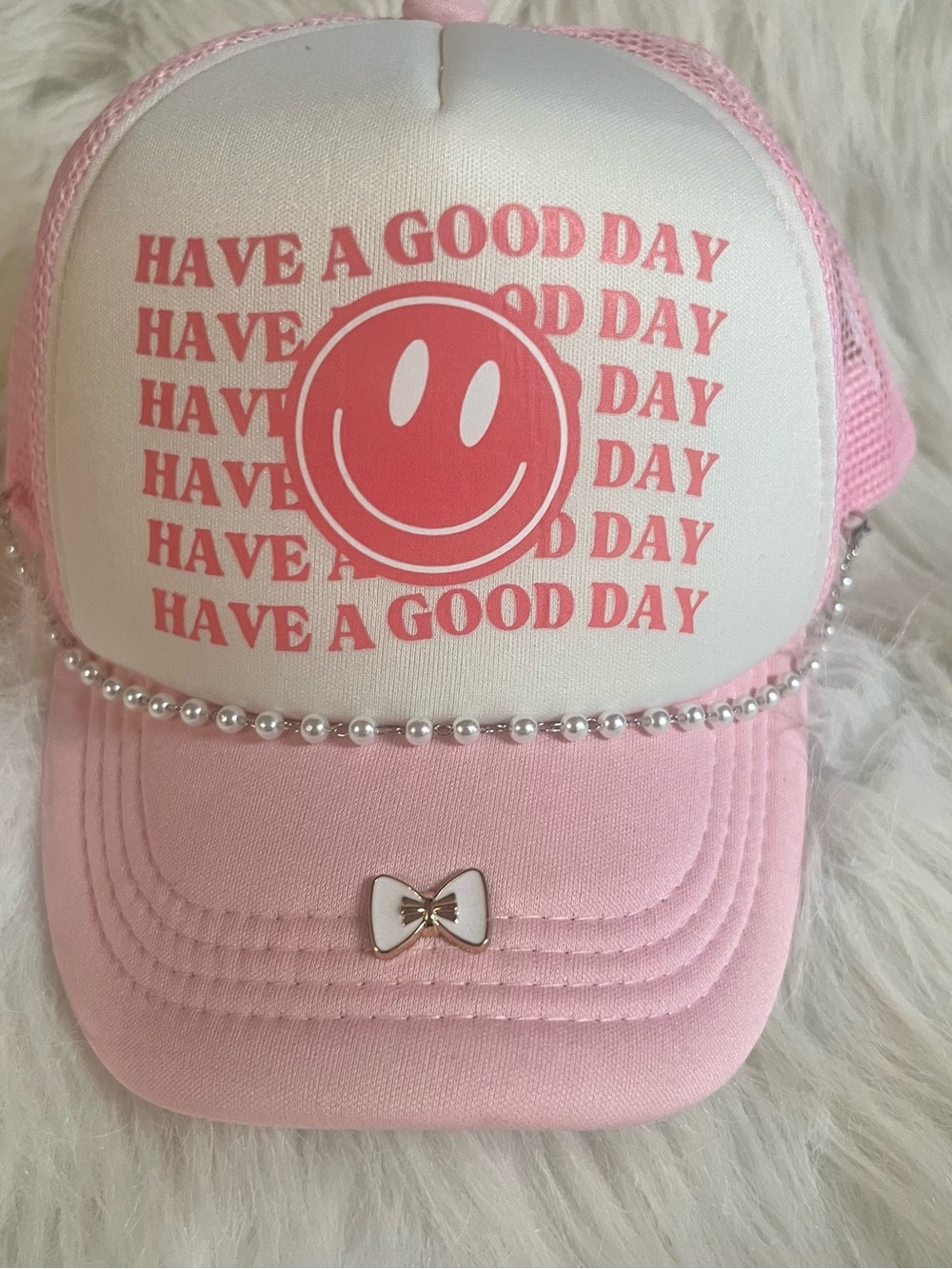 Pink 'Have A Good Day' Smile Trucker Hat with Pearl Trim